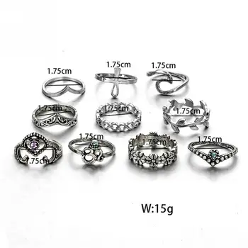 10pcs/Set Antique Silver Farba Kríž Koruny Crystal Drahokamu Prst Prstene Pre Ženy Duté Kvet Midi Koleno Prsteň, Šperky