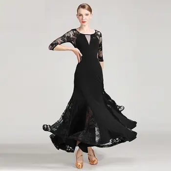 2019 New Black Štandardné Ballroom Dance Šaty Čipky Rukáv Flamenco Tanec Sukne Ženy Stredného Rukáv Fáze Valčík Sála Šaty