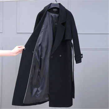 2020 Nové Zimné dámske Vlnené Kabáty Pás Obojstranná Cashmere Black Zmes Coats Voľné Plus Veľkosť Žena Dlho vrchné oblečenie Mujer