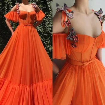 2020 Orange Špagety Popruhy Tylu Dlhé Šaty Ples 3D Kvetinová Čipka Motýľ Dĺžka Podlahy Formálnej Strany Večerné Šaty