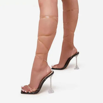 2021 NOVÉ Summe Sexy PVC Cross-Viazané Sandales Típat Prst Vysokým Podpätkom Pevné Módne Pošmyknúť Na Diapozitívy Dámy Gladiator Strany Topánky