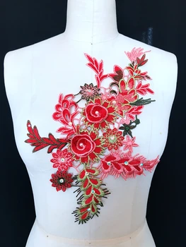 3D Troch-dimenzionální výšivky, kvetinové červenej krajky nášivka výbava škvrny 35*21 cm pre šaty DIY príslušenstvo