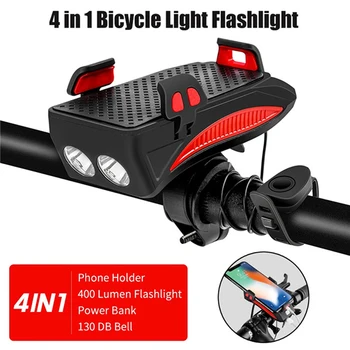 4 v 1 Multi-funkčné Cyklistické Svetlo USB Nabíjateľné LED Lampa Horn Držiaka Telefónu Power Bank Bicykel Predné Svetlo