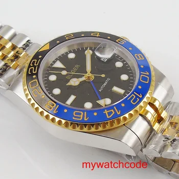 40 mm BLIGER Modrá dial Dátum Okno Zafírové Sklo GMT funciton Výročia Kapely Automatický Pohyb luxusné muži hodinky