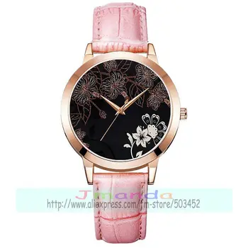 50pcs/veľa hot predaj rose gold Ombre kvety kožené hodinky šťastie, ďatelina bežné náramkové hodinky black dial eleganciu hodinky pre ženy
