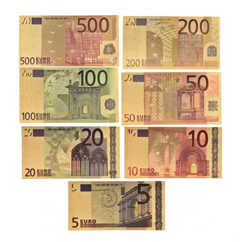 7pcs/množstvo 5 10 20 50 100 200 500 EUR Zlato, Bankovky v 24K Gold Falošné Papierové Peniaze na Zber Eurových Bankoviek Sady