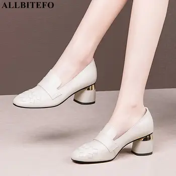 ALLBITEFO nové prichádzajú originálne kožené hrubé podpätky strany žien topánky značky vysokom podpätku topánky ženy podpätky, topánky alons hauts femme