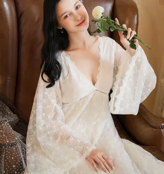 Bavlna Nightgown Pre Ženy Vintage Sleepwear Dlhé Šaty Oka Čipky, Výšivky Noc Kúpacie Plášte Hlboké V 2021 Phoentin FG342