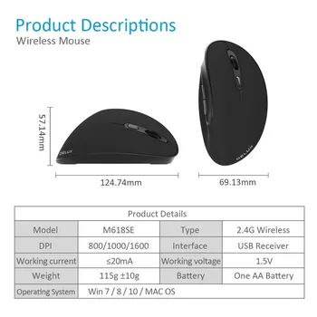 Delux M618SE Wireless Mouse 6 Tlačidiel 1600 DPI Ergonomický 2.4 g Vertikálne Myši Optické Office Počítačových Myší, Bezdrôtový, Pre PC, Notebook