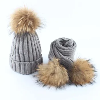 Deti fleece vo vnútri čiapočku pletené klobúk, šatku 2 kusy nastaviť detské zimné čiapky pre deti reálne kožušiny pom pom klobúk dievčatá chlapci