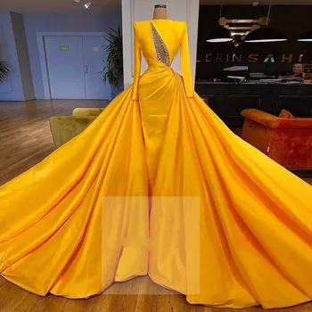 Dlhé Rukávy Zlatá Satén arabčina Večerné Šaty 2021 s Odnímateľnou Sukne Prom Party Šaty Vestidos De Noche