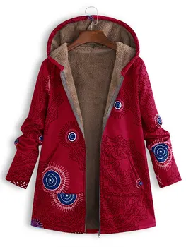Dámske Tlač Kabát Zime Teplé Vintage Vrecká Nadrozmerná Kabáty S Kapucňou Žena Bežné Outwear Fleece Bunda Plus Veľkosť