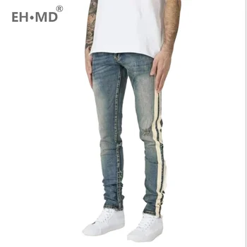 EH · MD® Bočné Dvojité Prúžok Jeans pánske Trend Koleno Otvor Otvor Rovné Denim Nohavice Slim Nohy Bielené Staré 2020 Nové Svetlo Modrá