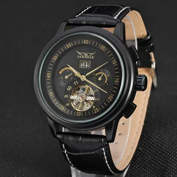 JARAGAR módy klasické pánske mechanické hodinky príležitostné športové hodinky s kalendárom duté-navrhnutý tak, kožený remienok mechanické hodinky