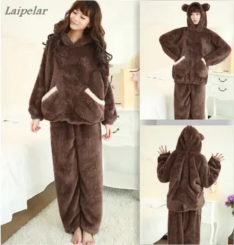 Jeseň zima dlhý rukáv plyšové čierny medveď, s kapucňou pyžamo zimné jahňacie žena pribrala home service vyhovuje Laipelar
