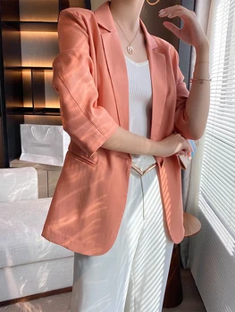 Luxusné saténové sako pre ženy kórejský módne office lady tri štvrtiny rukáv tenké slim oblek oblečenie bundy