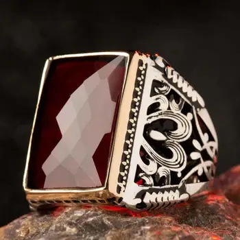 Mincový Striebro Mens Obdĺžnikový Kruh s Červenou Zirkón Kameň Módne turecký Premium Kvalitné Ručné Jawelery