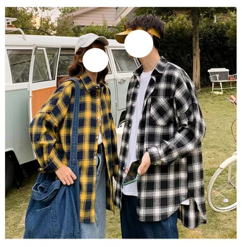Muži Harajuku Farebný Blok Kockované Košele 2021 Dámske Streetwear Hrubé Tričká Dlhý Rukáv Male Vintage Kórejský Módne Oblečenie