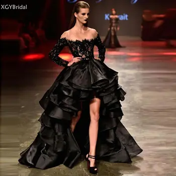 NOVÉ 2021 Očarujúce Čierne Šaty Ples Korálkové Čipky Vysoká Nízka Formálne Večerné Šaty Pre Ženy Volánikmi Viazané Prom Party Šaty платье