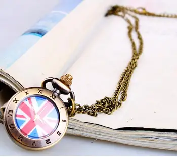 Nové Britskou vlajkou Bronz starožitnosti quartz Rímske číslice Quartz prívesok Náhrdelník vreckové hodinky
