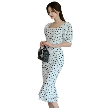 Nové Módne Letné Ženy Dot Tlače Elegantné kórejský Krátky Rukáv Žena vestidos Business Strany Bodycon Úradu Práce Lady Šaty
