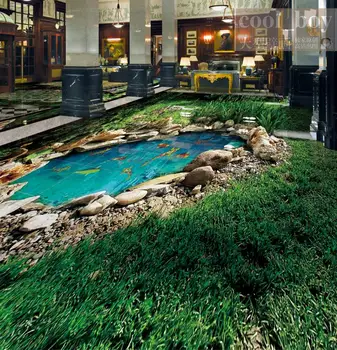 Prispôsobte 3D Podlahy Tapety trávnych porastov Scenérie Tapety Nepremokavé Rybník deväť ryby mapu Koi Park Vinylové Podlahy Kúpeľne
