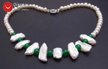 Qingmos Prírodné 20 mm Biwa White Pearl Náhrdelník Prívesok pre Ženy s 6 mm Kolo White Pearl & Zelený Jades Náhrdelník 17