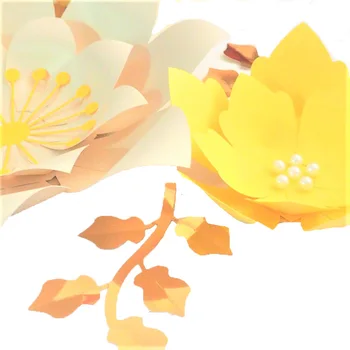 Ručné Žltá Jednoduché Vyrobené DIY Papierové Kvety, Zelené Listy Set 4 Škôlky Stenu Deco Baby Sprcha Dievčatá, Izba Pozadie Video Tutoriály