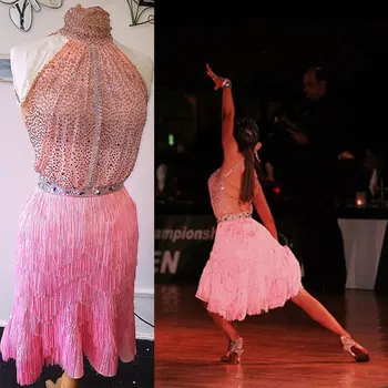 Ružová lemovaný latinské tanečné šaty sexy backless Drahokamu latinskej tanečnej súťaže kostým salsa ChaCha Zákazku tanečné šaty