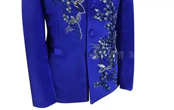 Sako mužov Čínsky tunika farby nastavené pomocou nohavice pánske svadobné obleky, kostýmy spevák fáze Modré výšivky oblečenie slim formálne šaty