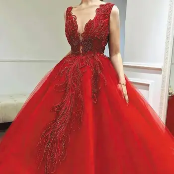 SOFUGE Červená Prom Šaty Hlboko V Krku Korálkové Nášivka Elegantné Prom Šaty vestidos de fiesta de noche largos elegantes
