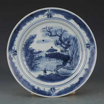 Starožitný QingDynasty porcelánový Tanier,blue & white Krajinný ráz,Ručne maľované remesiel,Zber a Ozdoby,doprava Zdarma