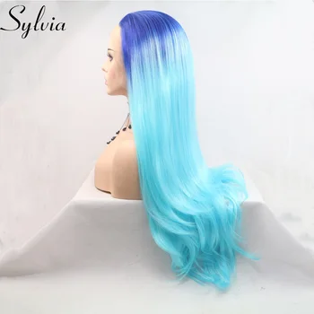 Sylvia Cosplay Syntetické Parochne Čipky Front Dlhé Prírodné Rovné Vlasy, Čierny Koreň Ombre Blue pre Ženy, make-up, účes 24 Palec