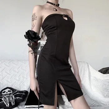 Temné, Gotické Sexy Šaty Ženy Bez Ramienok Pracky Duté Z Tenký Mini Šaty Punk Fashion Night Club Streetwear Čierne Mini Šaty