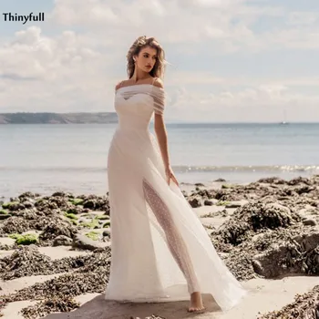 Thinyfull Pláži Svadobné Šaty 2021 Lesklé Odnímateľný Top Boho Krajiny Svadobné Šaty S Bočným Split Mariage Abito Da Sposa
