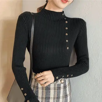 Tlačidlo semi-turtleneck sveter žien klesnutie tričko jeseň a v zime nový kórejský pulóver tenký sveter
