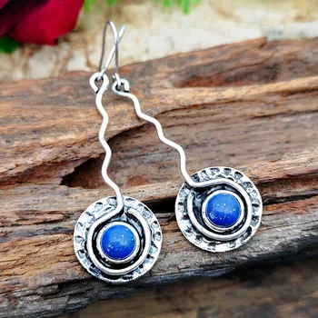 Vintage Ručné Ohýbanie Kovov Dlhé Náušnice pre Ženy Puk Lapis Lazuli Modrý Kameň Kruhu Náušnice Brincos Boho Gotický Šperky