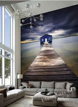 Vlastné 3D veľká nástenná maľba,krásne fantasy tmavé mraky dreva cestu, ktorá vedie do modrého domu,obývacia izba TV steny, spálne, tapety