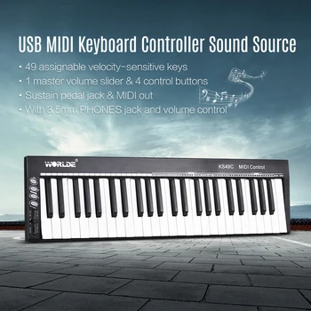 WORLDE KS49C-49-Kľúč USB MIDI Keyboard Controller Vstavaný Zdroj Zvuku s 6.35 mm Pedál Konektor MIDI Out Klavír, Keyboard, Klavír