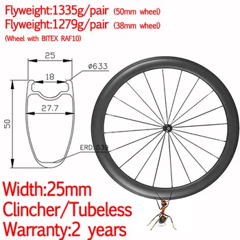 Šírka 25 mm super ľahkých uhlíkových kolesá cestných clincher bezdušové keramické hub vysokej TG pilier 1420 38 mm/50 mm road kolesá bicykla